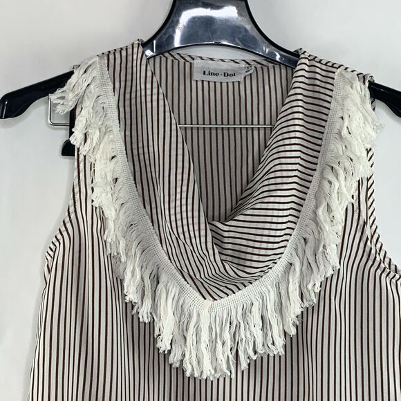 Line & Dot White Brown Stripe Cowl Neck Tassle Trim Blouse NWOT Size XS - Picture 3 of 7